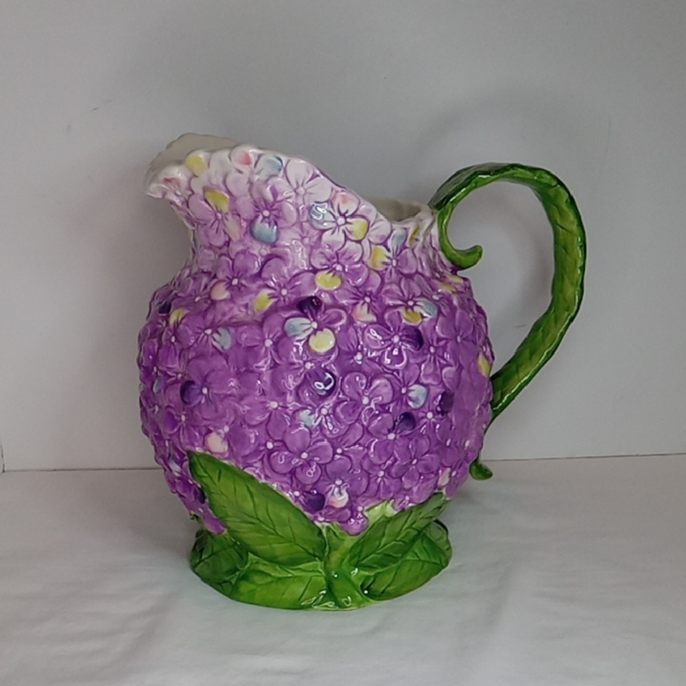 Decorative Floral Vibrant Purple and Green Ceramic Embossed Violets Pitcher